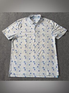 Johnnie-O Polo Shirt XL Blue White Floral Performance Stretch Golf Casual
